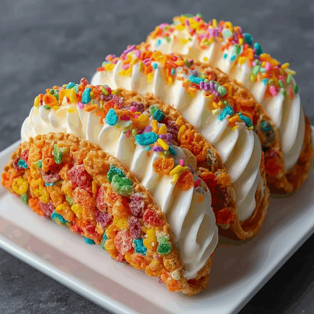Fruity Pebbles cheesecake tacos with creamy filling and rainbow sprinkles