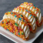 Fruity Pebbles cheesecake tacos with creamy filling and rainbow sprinkles