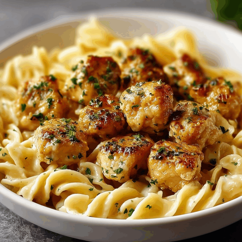 Garlic butter chicken bites with creamy pasta in a white bowl