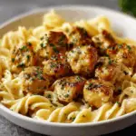 Garlic butter chicken bites with creamy pasta in a white bowl