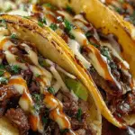 Garlic Butter Honey BBQ Beef Tacos topped with creamy sauce and fresh herbs
