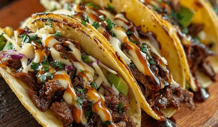 Garlic Butter Honey BBQ Beef Tacos topped with creamy sauce and fresh herbs