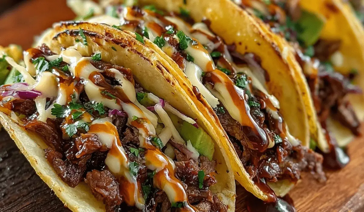 Garlic Butter Honey BBQ Beef Tacos topped with creamy sauce and fresh herbs