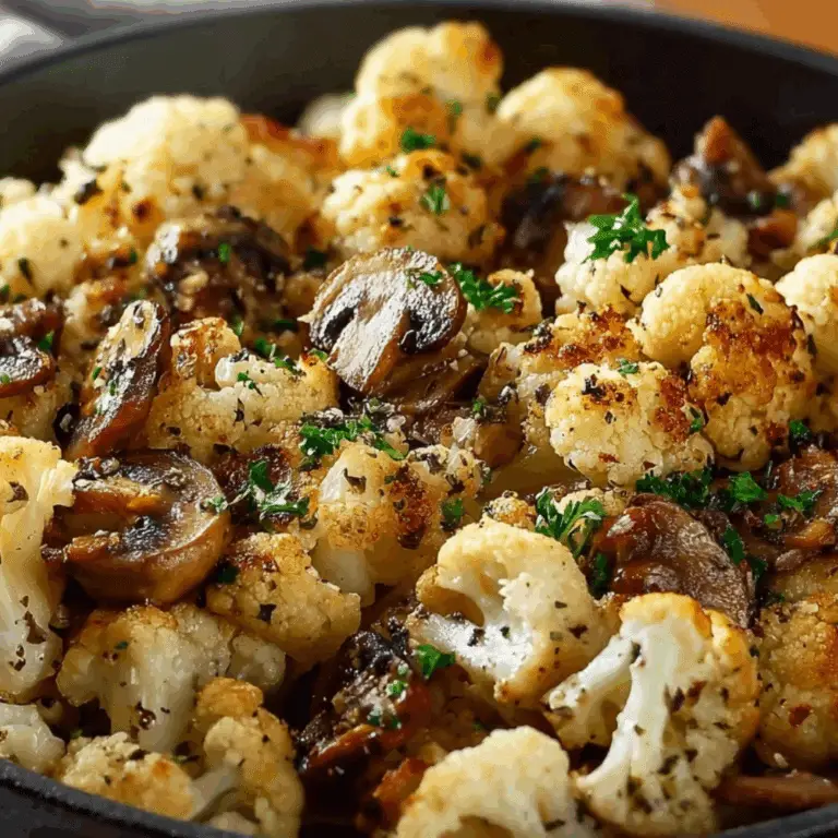 Garlic cauliflower mushroom skillet with herbs in a skillet
