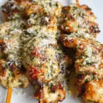 Garlic Parmesan Chicken Skewers topped with melted cheese and herbs