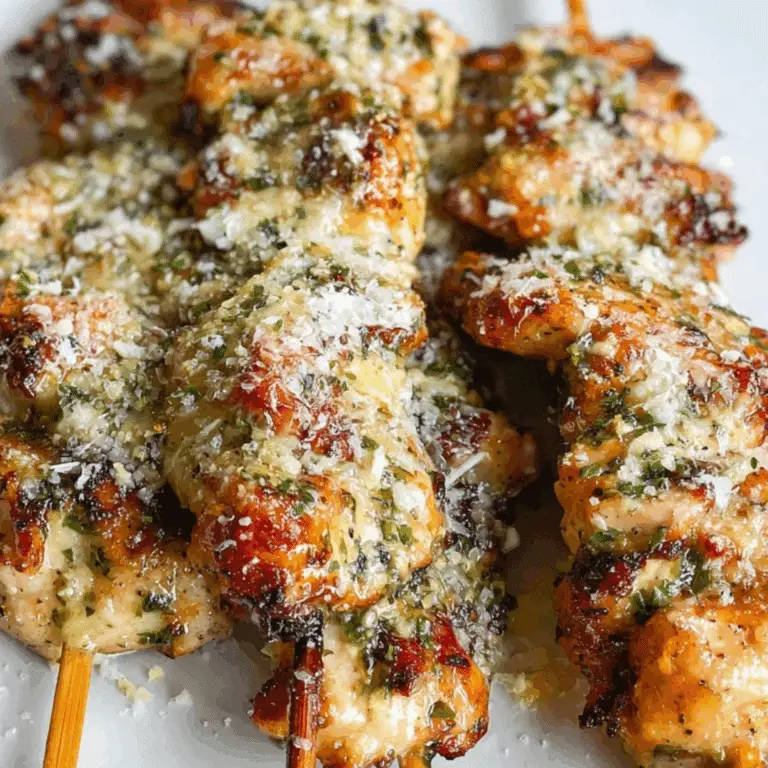 Garlic Parmesan Chicken Skewers topped with melted cheese and herbs