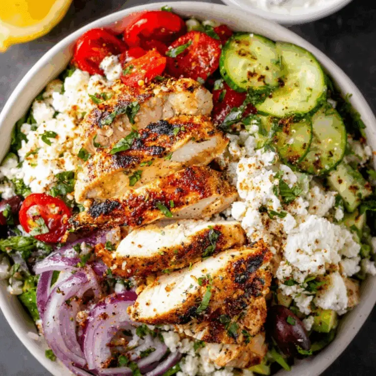 Greek Chicken Bowl with grilled chicken, cucumbers, tomatoes, red onions, olives, and feta