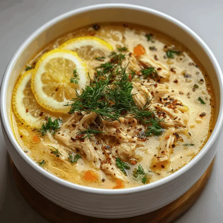 Greek Lemon Chicken Soup garnished with fresh dill and lemon slices