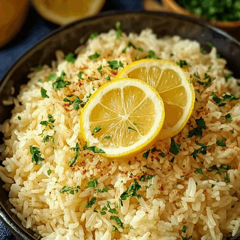 Greek lemon rice garnished with lemon slices and chopped herbs