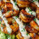 Grilled shrimp bowl with avocado, corn salsa, and creamy cilantro lime sauce