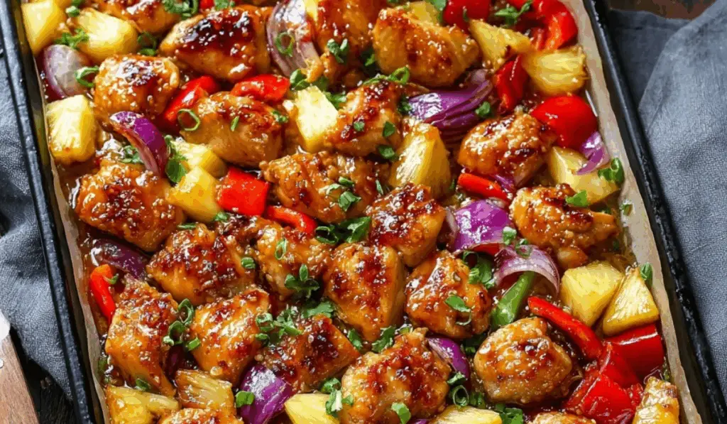 Hawaiian Chicken Sheet Pan with glazed chicken, pineapple, and bell peppers