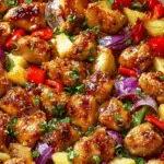 Hawaiian Chicken Sheet Pan with glazed chicken, pineapple, and bell peppers