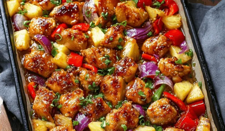 Hawaiian Chicken Sheet Pan with glazed chicken, pineapple, and bell peppers