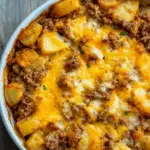 Hobo casserole with ground beef and potatoes topped with melted cheddar cheese