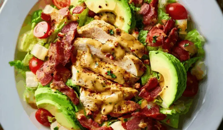 Honey Mustard Chicken Salad with Bacon and Avocado topped with creamy dressing