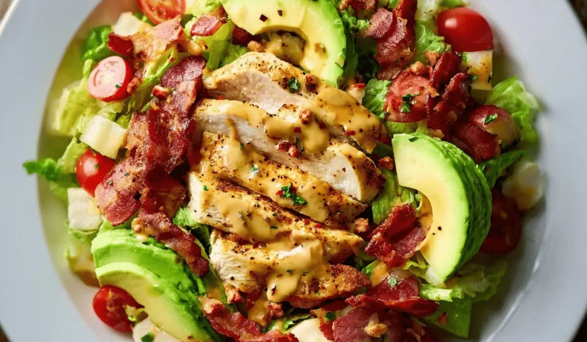 Honey Mustard Chicken Salad with Bacon and Avocado topped with creamy dressing
