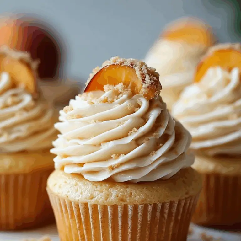 Honey peach cream cheese cupcake topped with peach slice and crumble