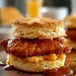 Stacked hot honey chicken biscuit dripping with glaze