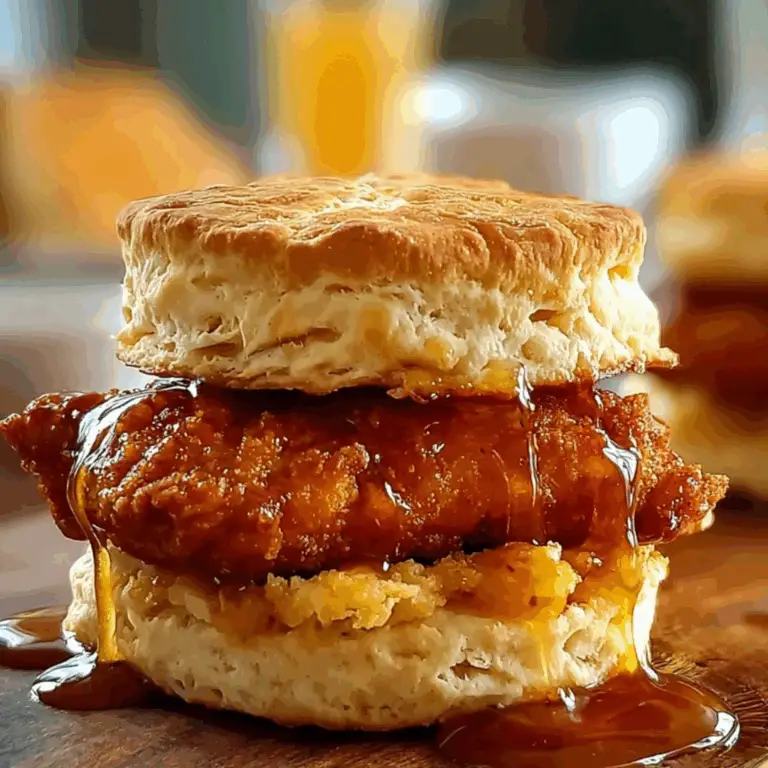 Stacked hot honey chicken biscuit dripping with glaze