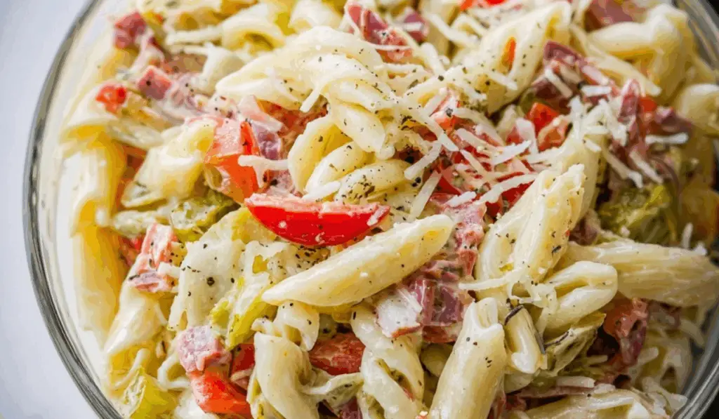 Italian Grinder Pasta Salad with creamy dressing, peppers, and pasta