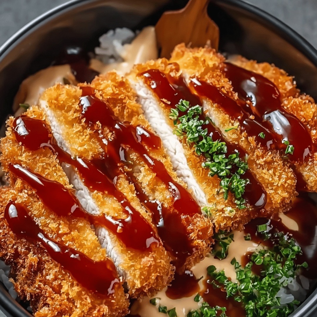 Japanese Katsu Bowls with Tonkatsu Sauce over rice