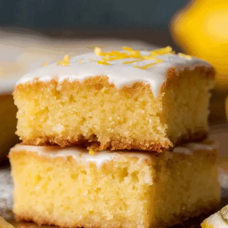 Chewy lemon brownies with lemon glaze stacked on a plate