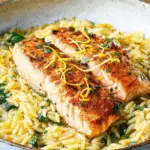 One Skillet Salmon with Lemon Orzoserved over rice