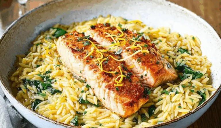 One Skillet Salmon with Lemon Orzoserved over rice