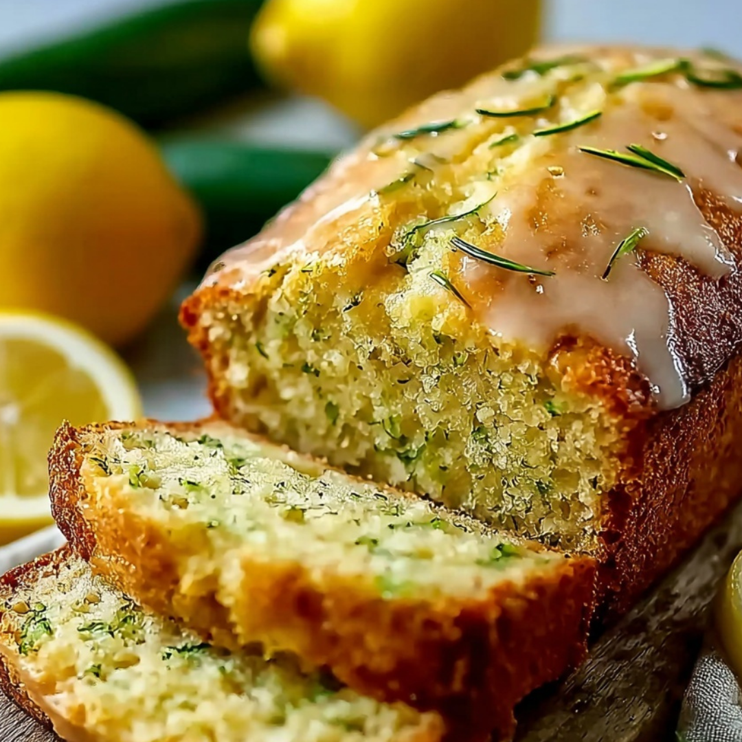 Sliced lemon zucchini bread with glaze and fresh zucchini