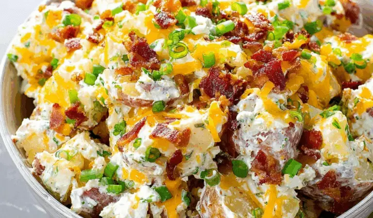 Loaded Baked Potato Salad with bacon, cheddar, and green onions