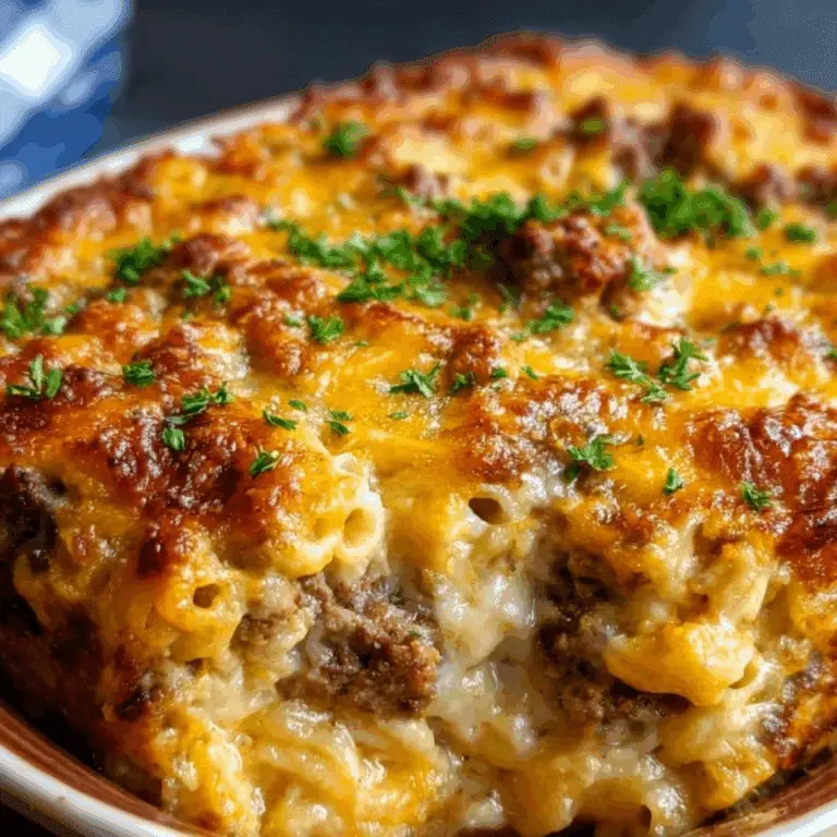 Mac and Cheese Meatloaf Casserole with golden baked cheese topping