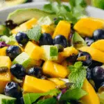 Mango Cucumber Salad with Blueberries and Avocado in a white bowl