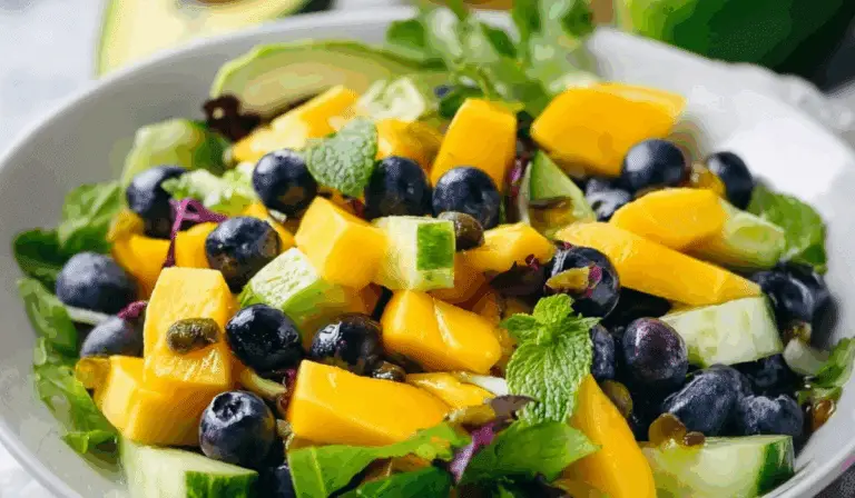 Mango Cucumber Salad with Blueberries and Avocado in a white bowl