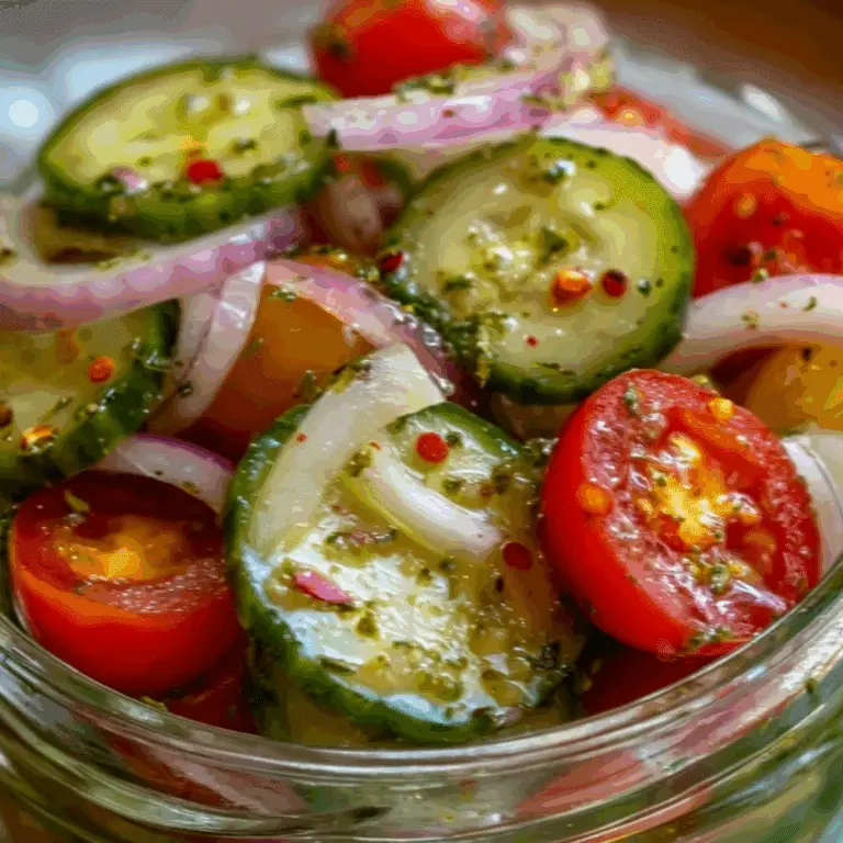 Marinated cucumbers, onions, and tomatoes in vinegar dressing