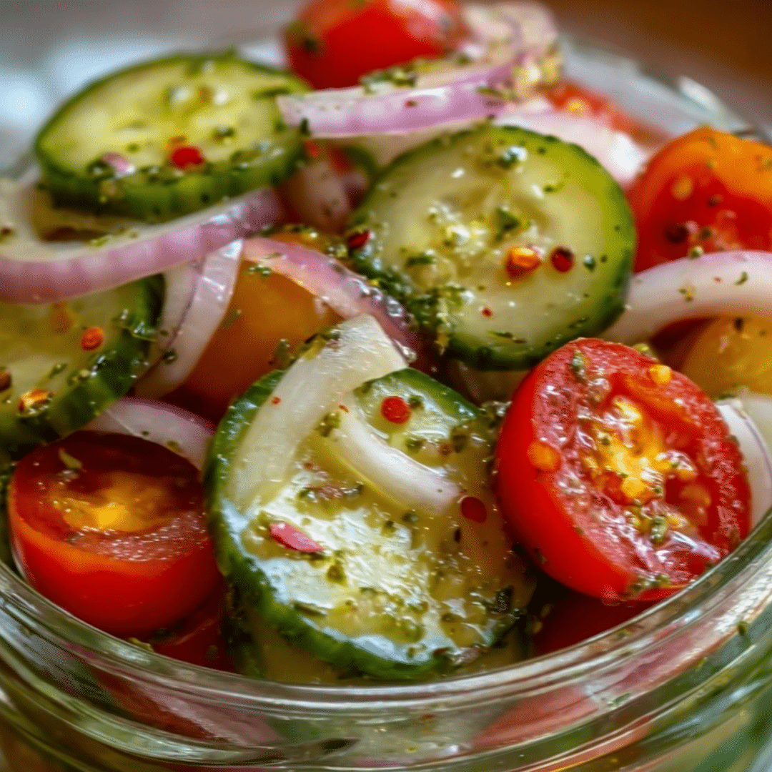Marinated cucumbers, onions, and tomatoes in vinegar dressing