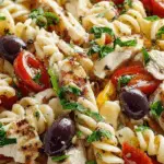Mediterranean Chicken Pasta Salad with grilled chicken, tomatoes, olives, and parsley