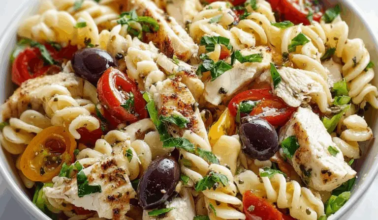 Mediterranean Chicken Pasta Salad with grilled chicken, tomatoes, olives, and parsley
