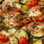 Mediterranean Chicken Zucchini Bake with juicy chicken, zucchini, and tomatoes in a baking dish