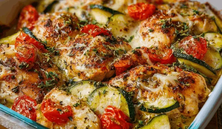 Mediterranean Chicken Zucchini Bake with juicy chicken, zucchini, and tomatoes in a baking dish