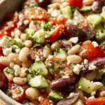 Mediterranean white bean salad with tomatoes, cucumbers, olives, and feta