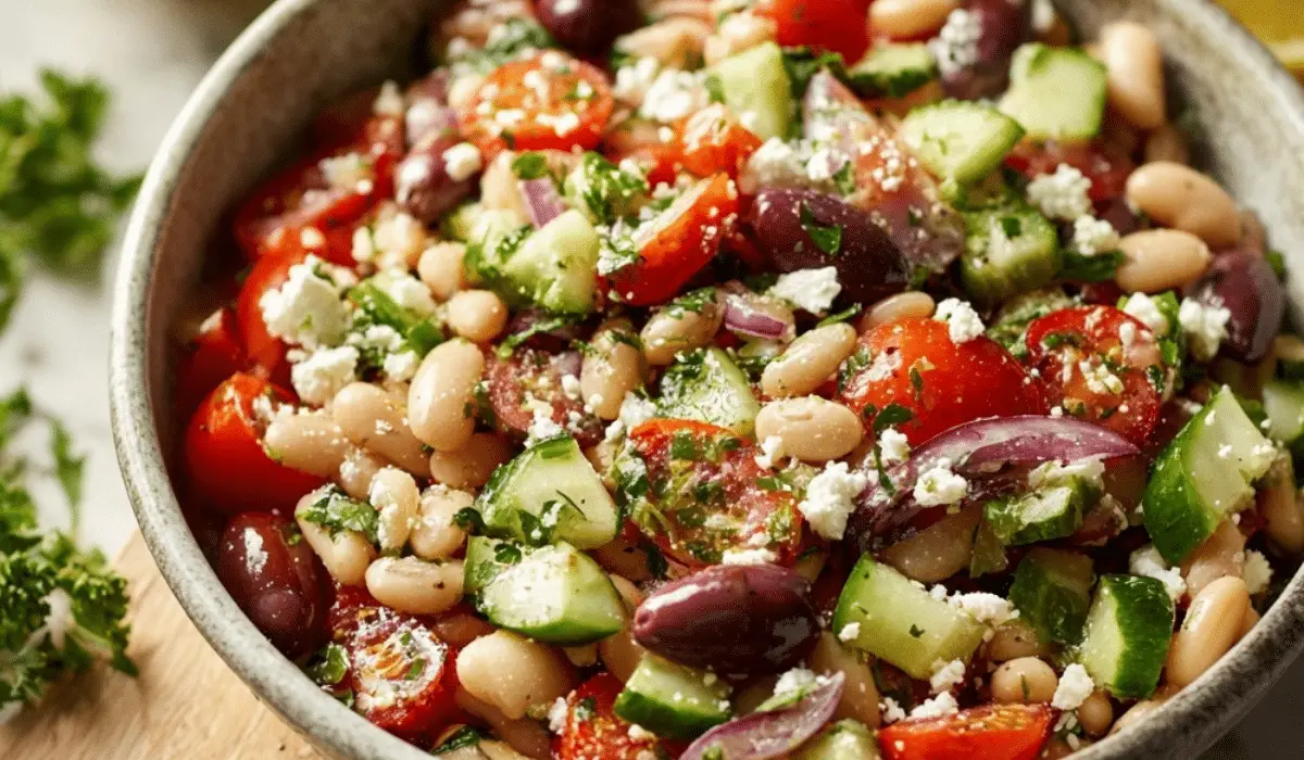 Mediterranean white bean salad with tomatoes, cucumbers, olives, and feta