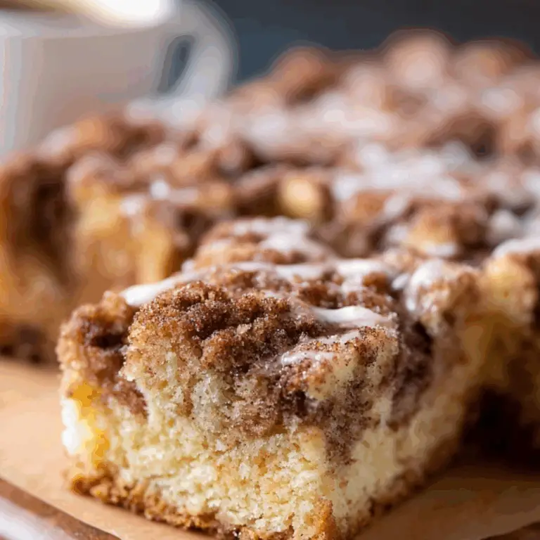 Moist streusel topped coffee cake with cinnamon swirl and icing drizzle