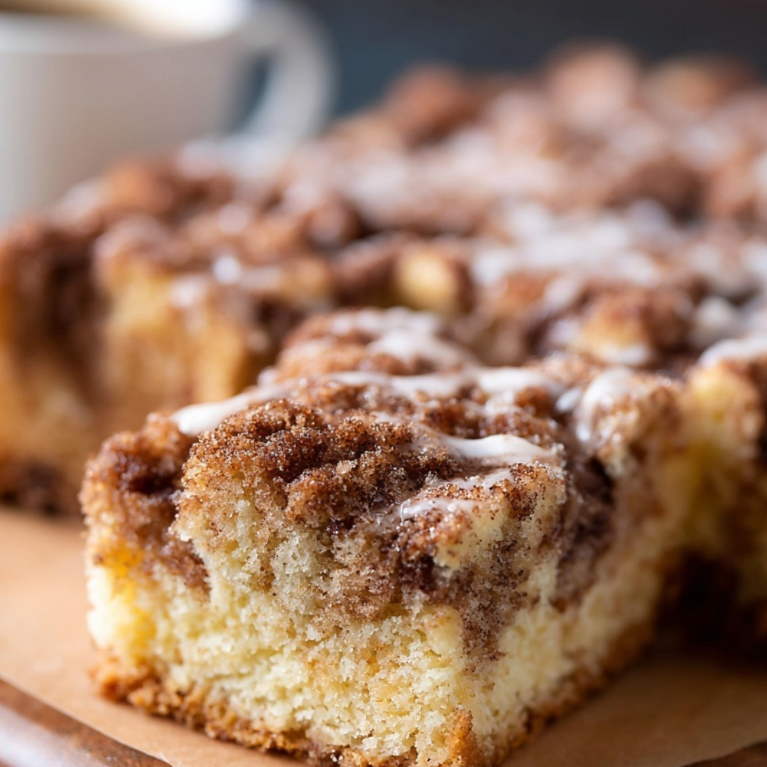 Moist streusel topped coffee cake with cinnamon swirl and icing drizzle