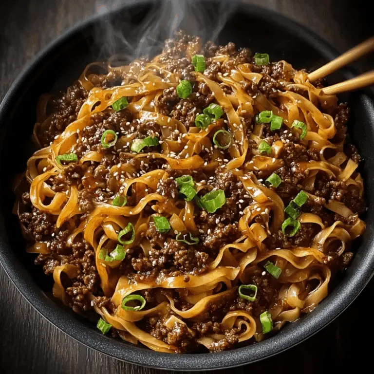 Mongolian ground beef noodles topped with scallions and sesame seeds in a black bowl