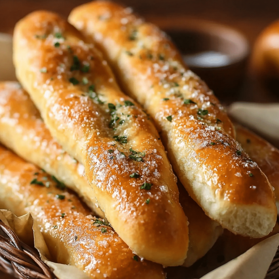 Olive Garden Breadsticks in a basket with garlic butter