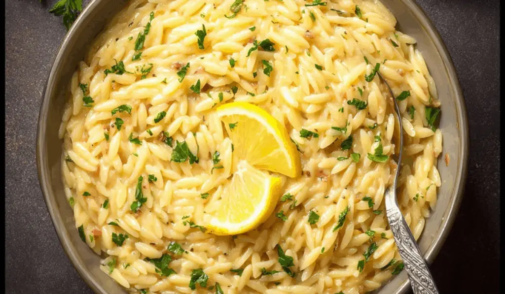 One Pot Lemon Orzo Pasta with fresh parsley and lemon slices in a bowl