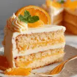 Slice of Orange Creamsicle Cake with creamy frosting and fresh orange garnish