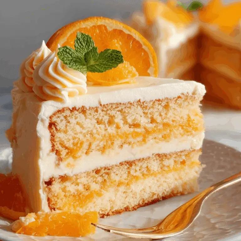 Slice of Orange Creamsicle Cake with creamy frosting and fresh orange garnish