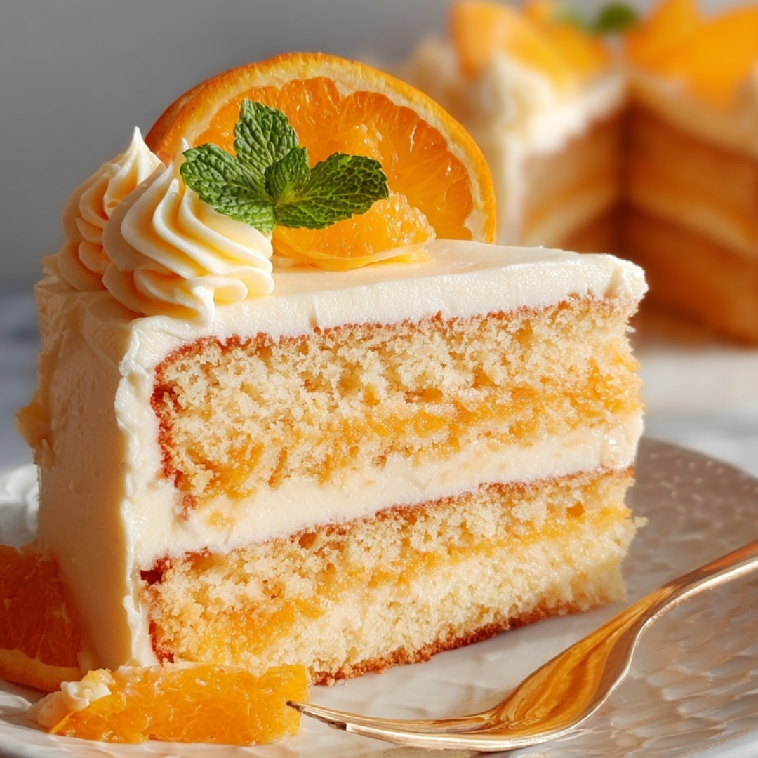 Slice of Orange Creamsicle Cake with creamy frosting and fresh orange garnish