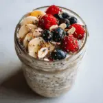 Overnight oats nutrition facts breakfast jar with banana, berries, chia seeds, and almonds